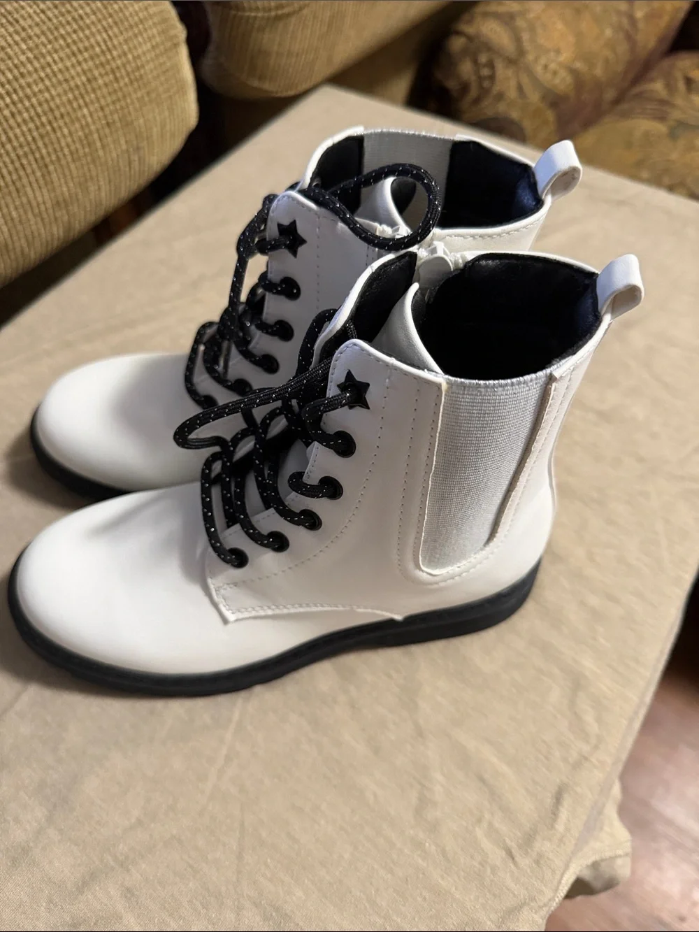 SO White Kids Lace-Up Combat Boots with Black Laces